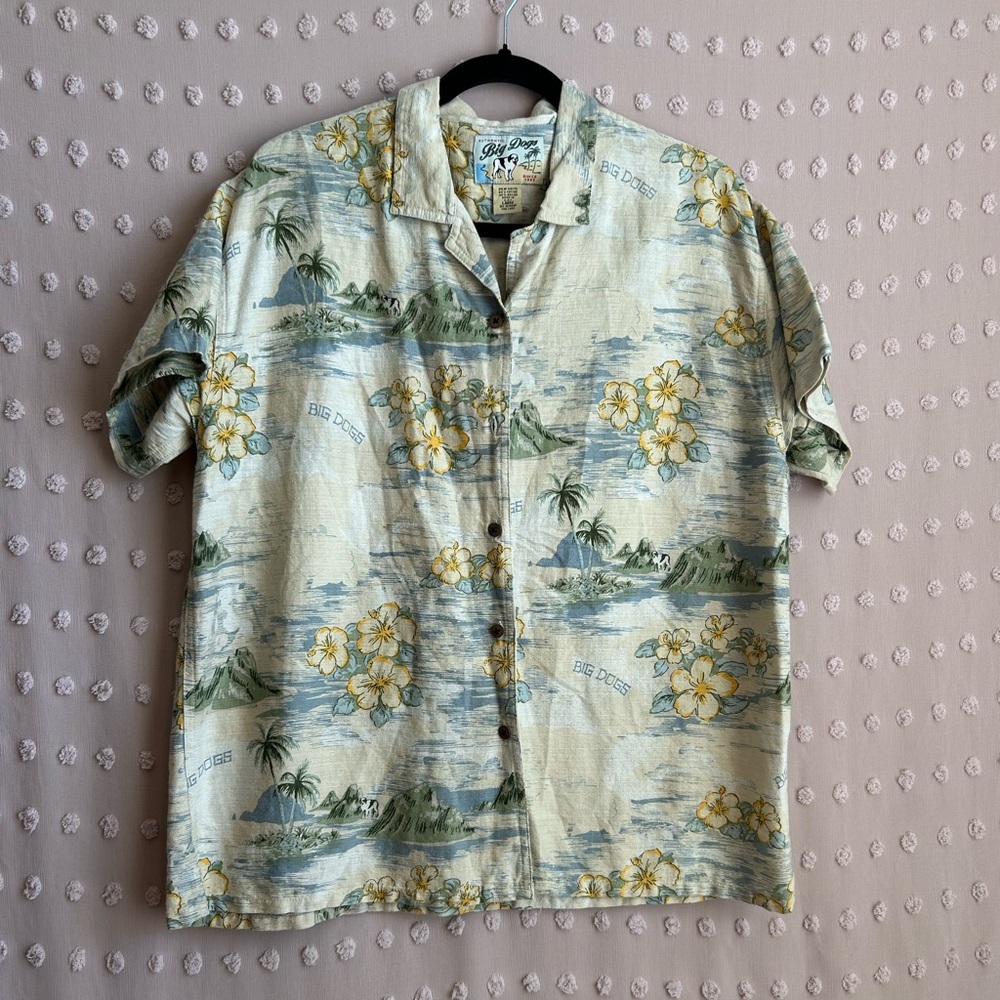 Men’s Big Dog Vintage Cotton Blend Short Sleeve Button Down Hawaiian Shirt Sz L‎